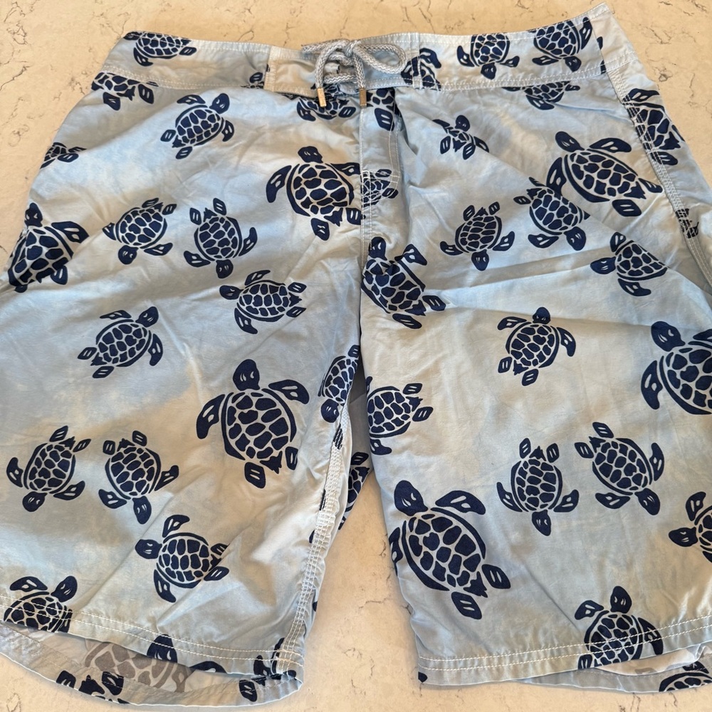 Vilebrequin Light Blue Swim/Board Shorts with Navy Turtle Print